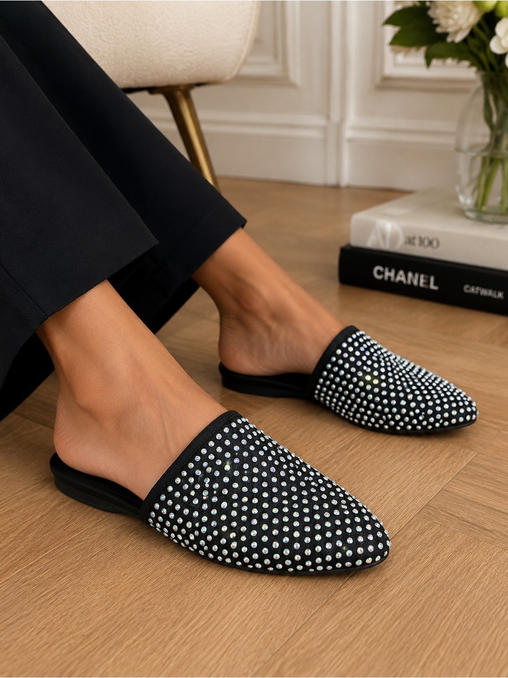 Schutz Crystal Rhinestone Mesh Flat Mules Black Shoes EUR 39
